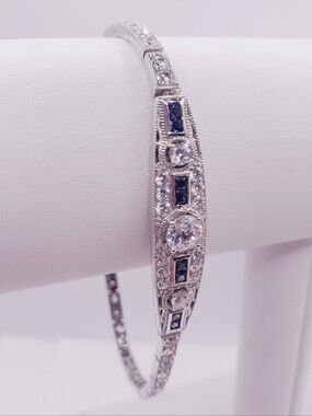 925 Sterling Silver Sapphire Blue Cz & Diamond Simulant Bracelet